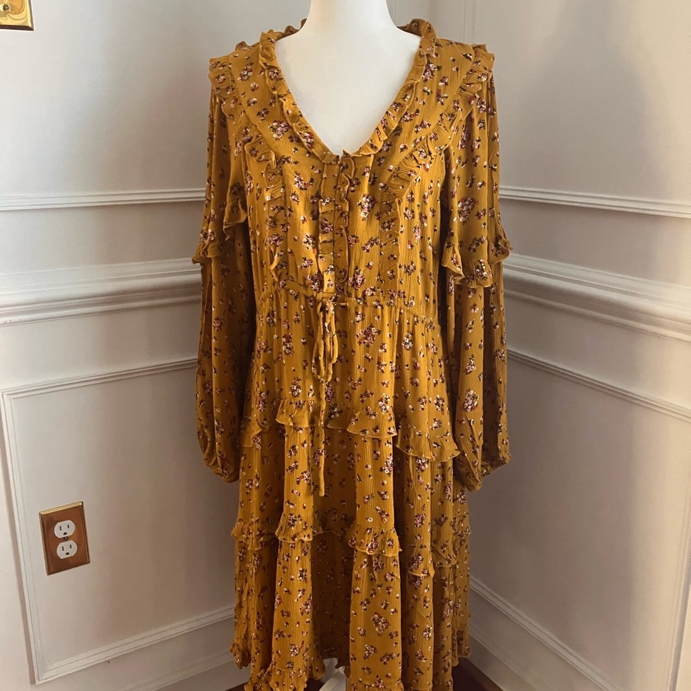 Easel Mustard Ruffle Floral Long Sleeve Dress | Boho - Cottagecore - Prairie